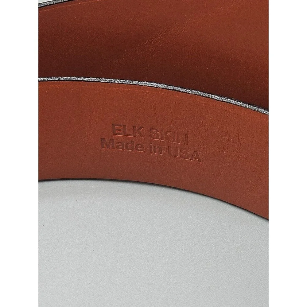 Elk Skin Brown Crescent Leather Belt Size 40 USA Handmade Brass Buckle 1-3/8